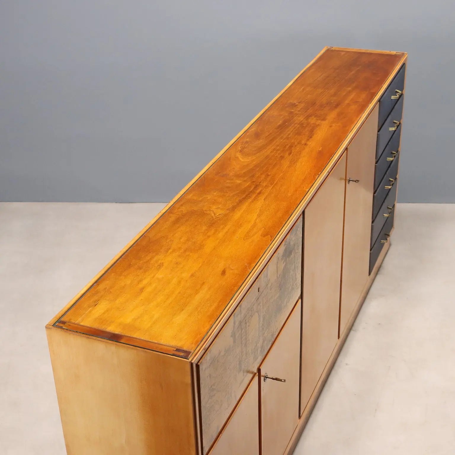 Vintage Cabinet Maple Veneer Glass Top Design Italy 1950s