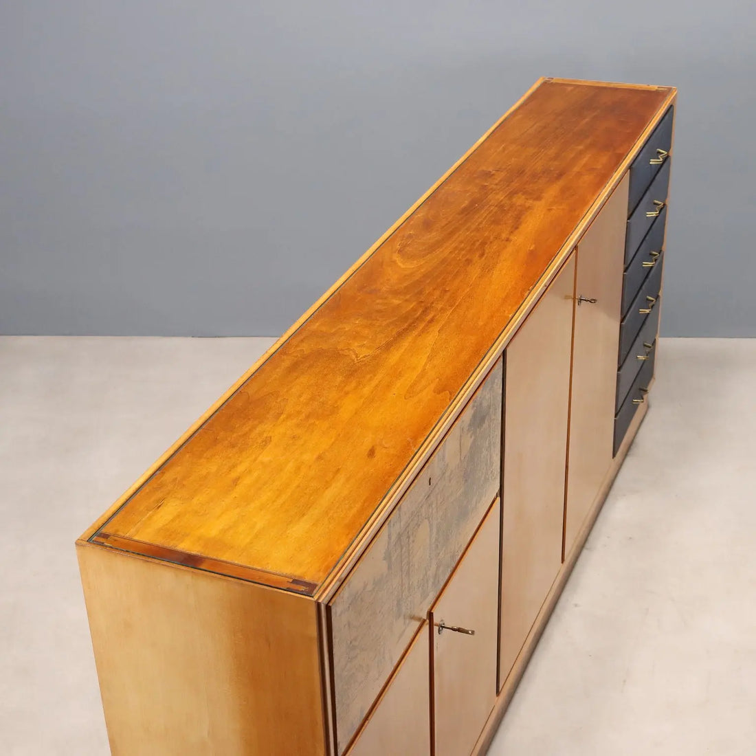 Vintage Cabinet Maple Veneer Glass Top Design Italy 1950s