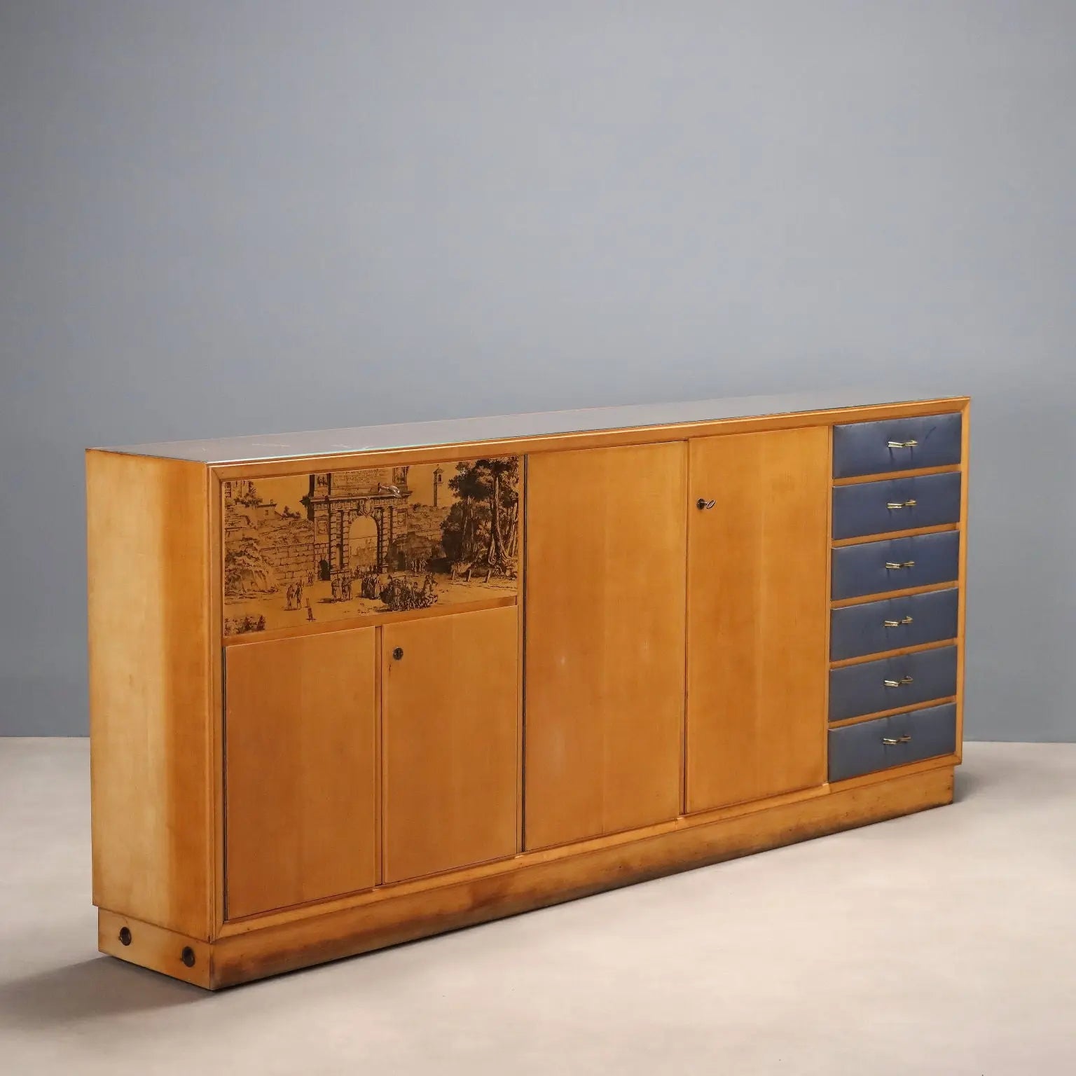 Vintage Cabinet Maple Veneer Glass Top Design Italy 1950s