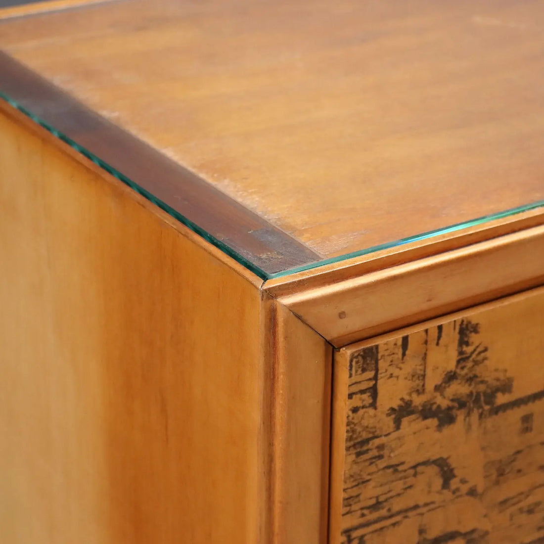 Vintage Cabinet Maple Veneer Glass Top Design Italy 1950s