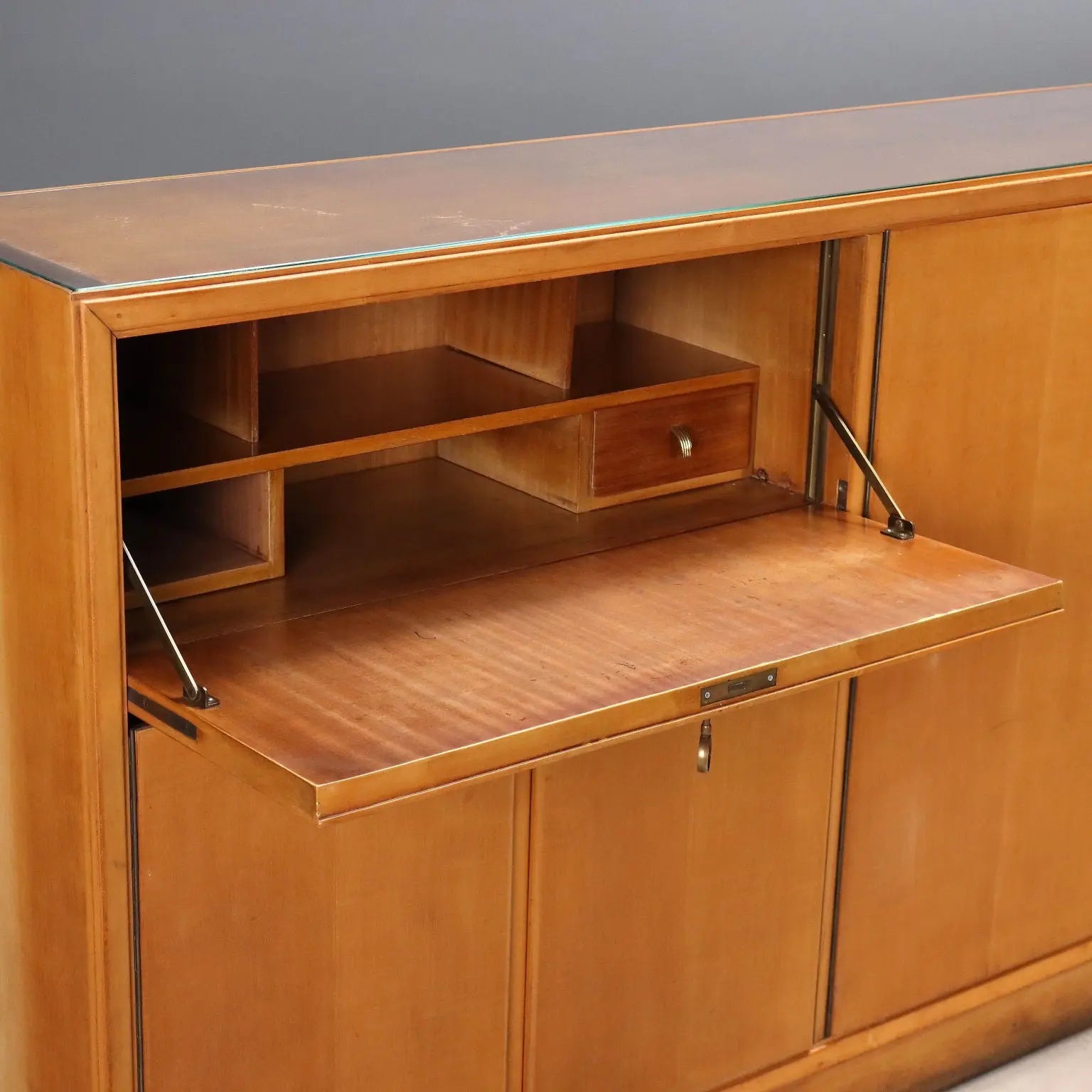 Vintage Cabinet Maple Veneer Glass Top Design Italy 1950s