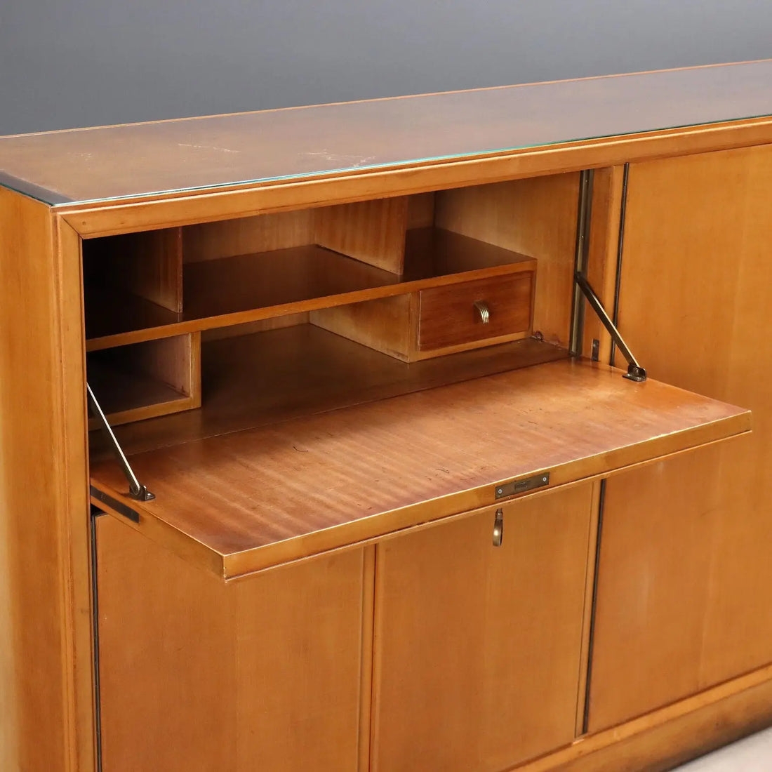 Vintage Cabinet Maple Veneer Glass Top Design Italy 1950s
