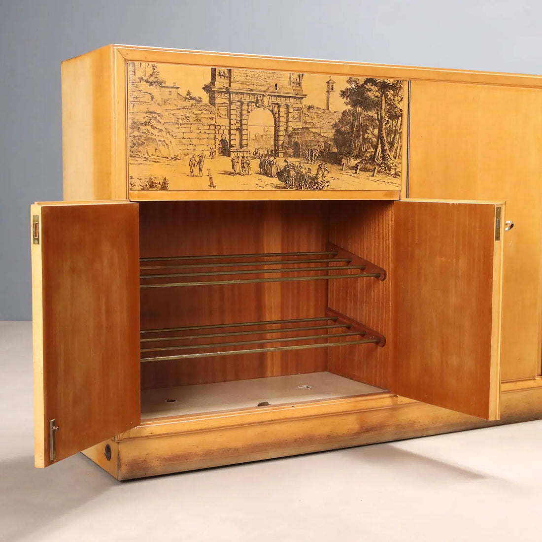 Vintage Cabinet Maple Veneer Glass Top Design Italy 1950s