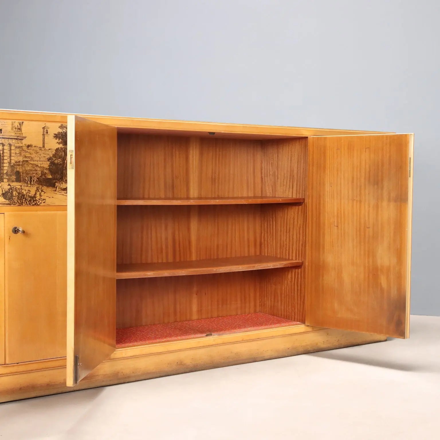 Vintage Cabinet Maple Veneer Glass Top Design Italy 1950s