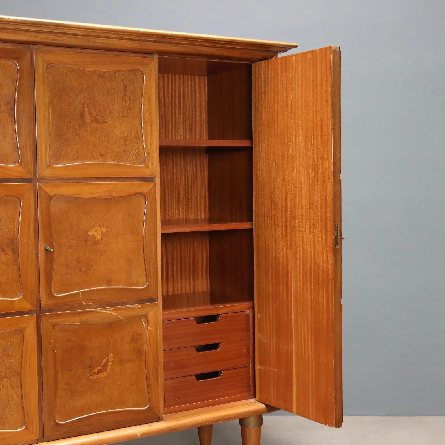 Vintage Cupboard Walnut Veneer Burl Design Italy 1950s