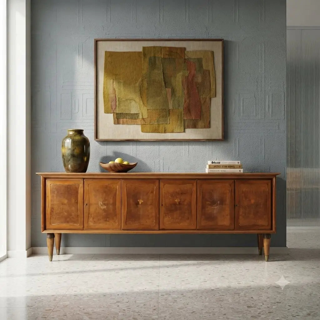 Vintage Buffet Cabinet Walnut Veneer and Burl Design 1950s