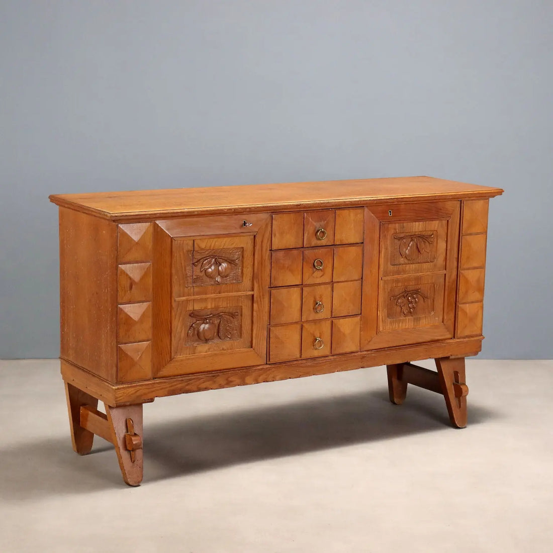 Vintage Rustic Cabinet Oak Veneered Wood Italy 1950s
