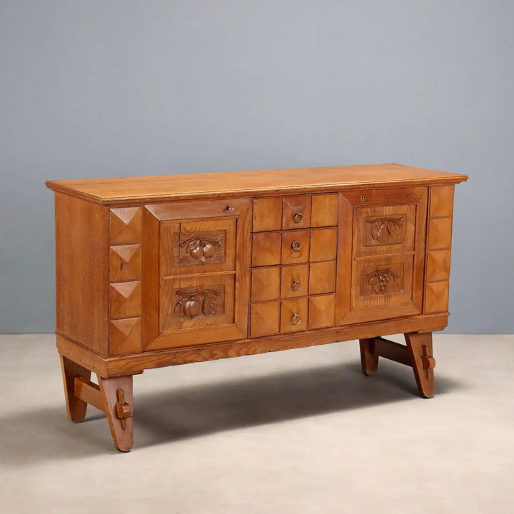 Vintage Rustic Cabinet Oak Veneered Wood Italy 1950s