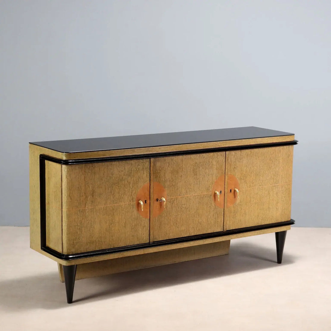 Vintage Buffet Wood Brass Glass Design Italy 1940s