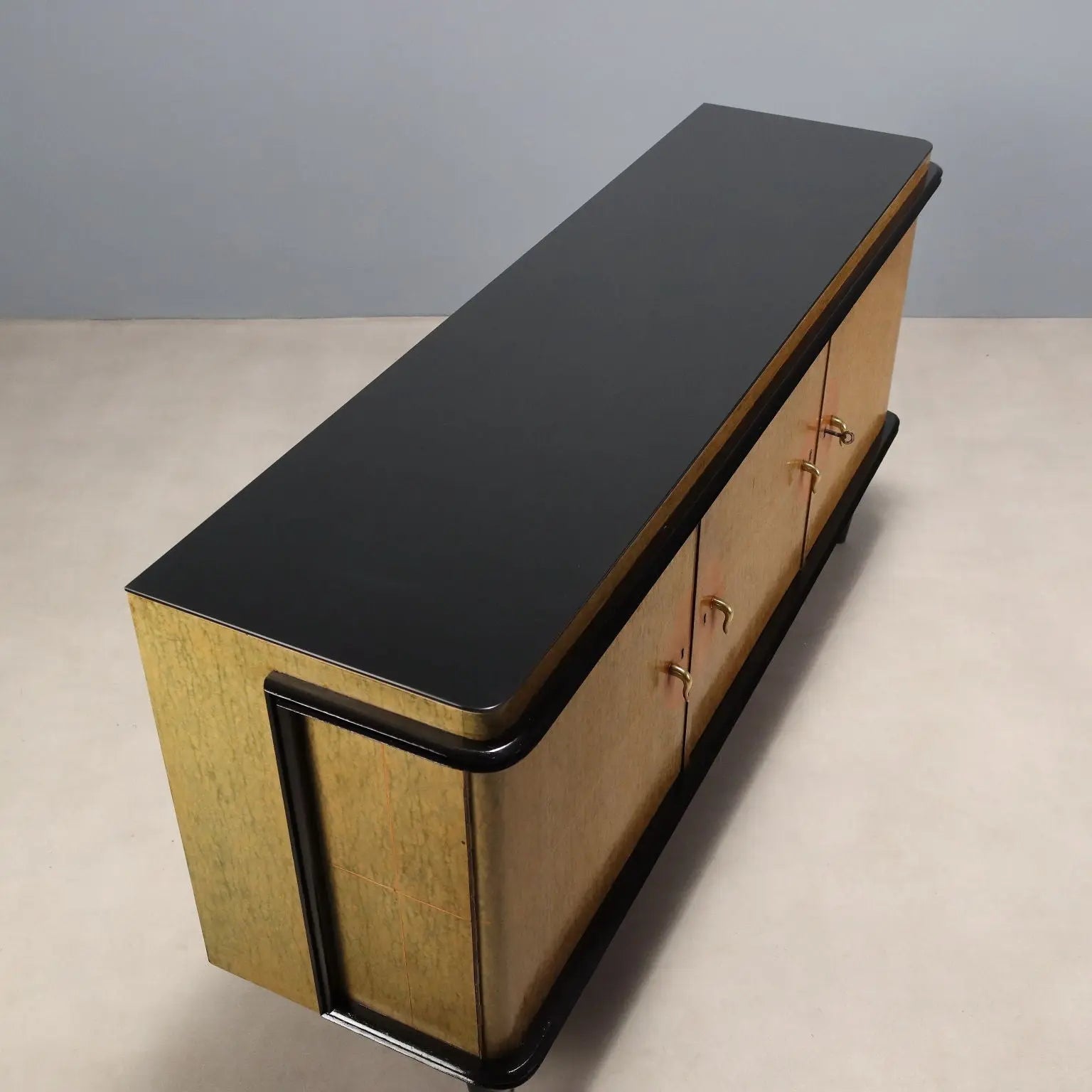 Vintage Buffet Wood Brass Glass Design Italy 1940s