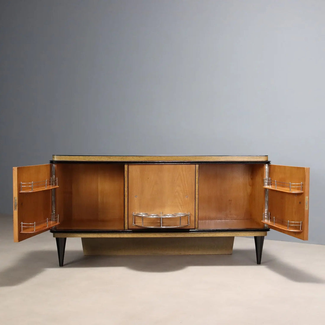 Vintage Buffet Wood Brass Glass Design Italy 1940s
