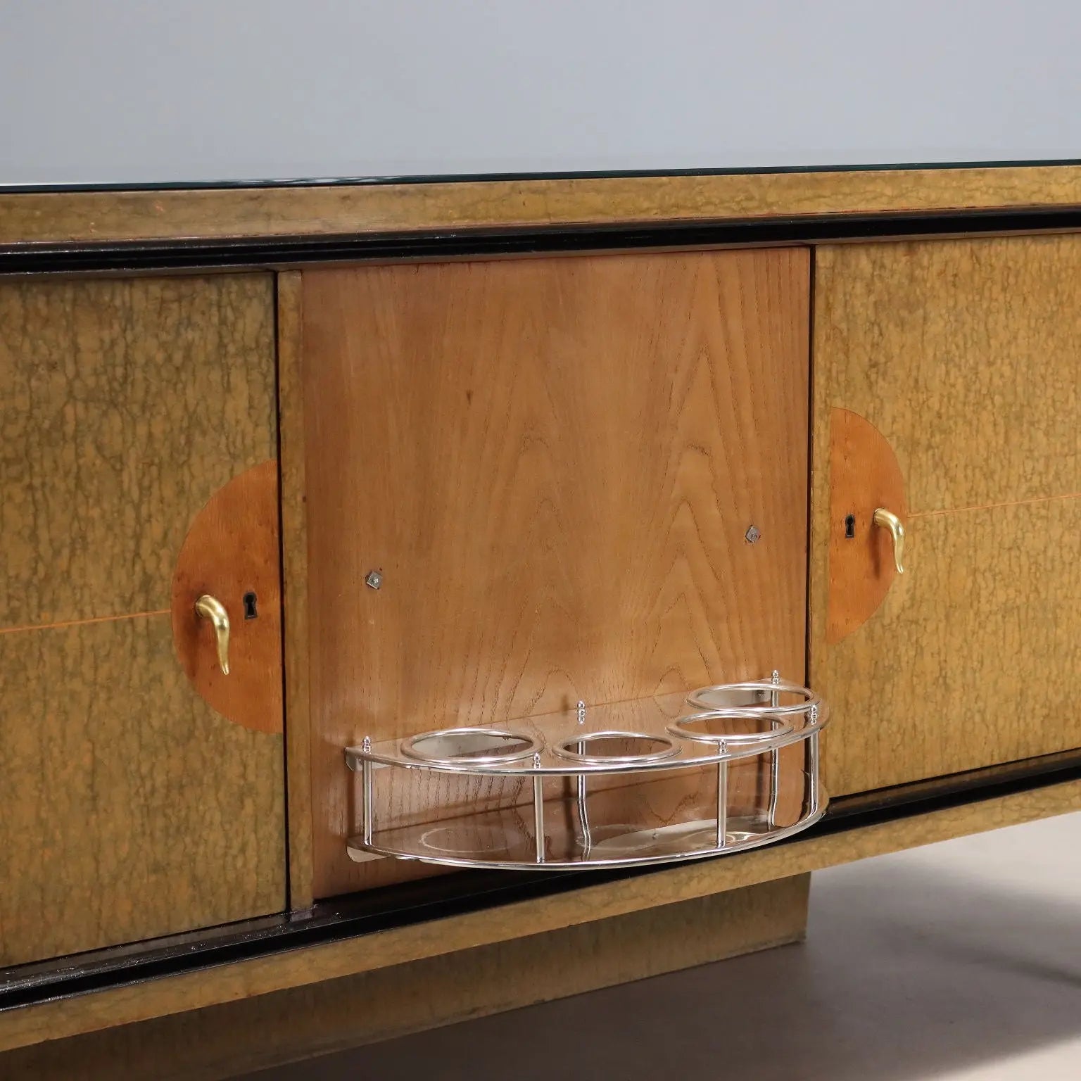 Vintage Buffet Wood Brass Glass Design Italy 1940s