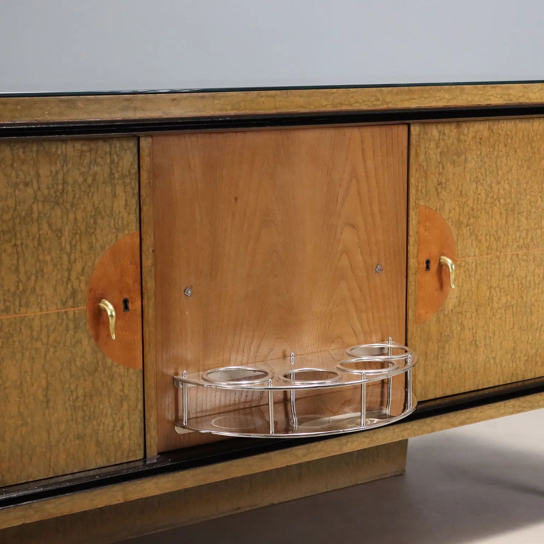 Vintage Buffet Wood Brass Glass Design Italy 1940s