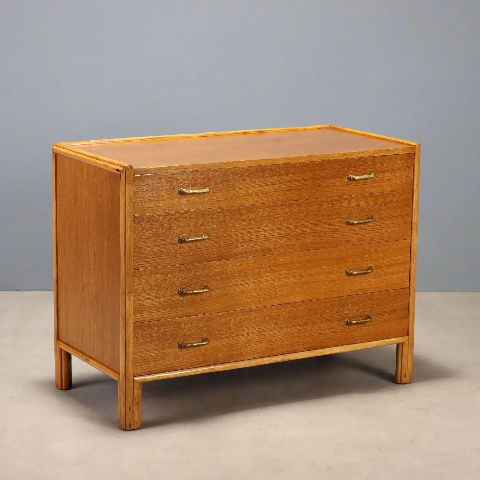 Vintage Chest of Drawers Oak Brass 4 Drawers Italy 1950s