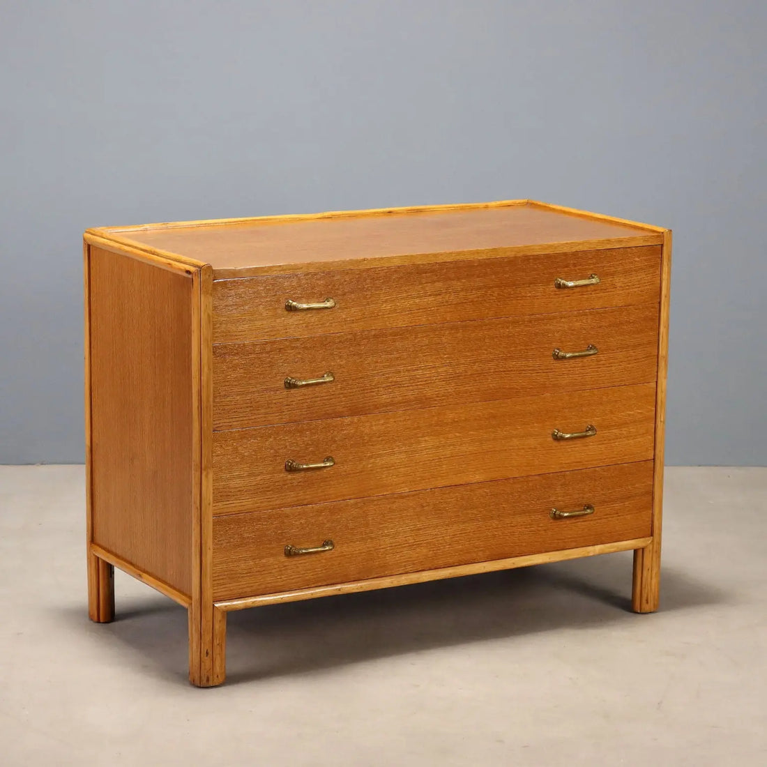 Vintage Chest of Drawers Oak Brass 4 Drawers Italy 1950s