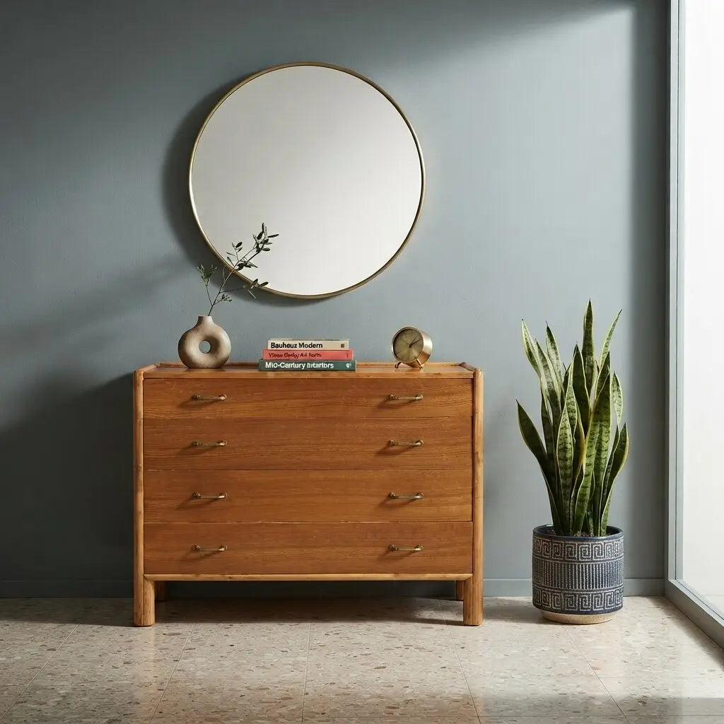 Vintage Chest of Drawers Oak Brass 4 Drawers Italy 1950s