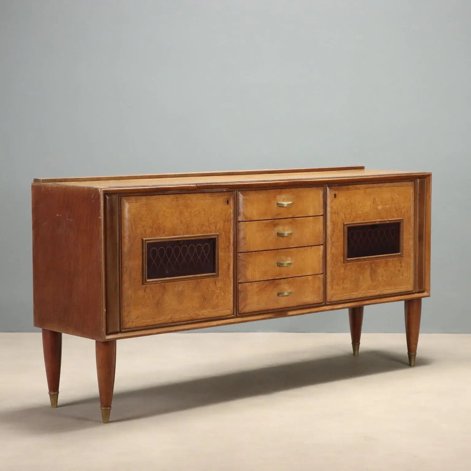 1950s Burl Wood and Pink Glass Sideboard