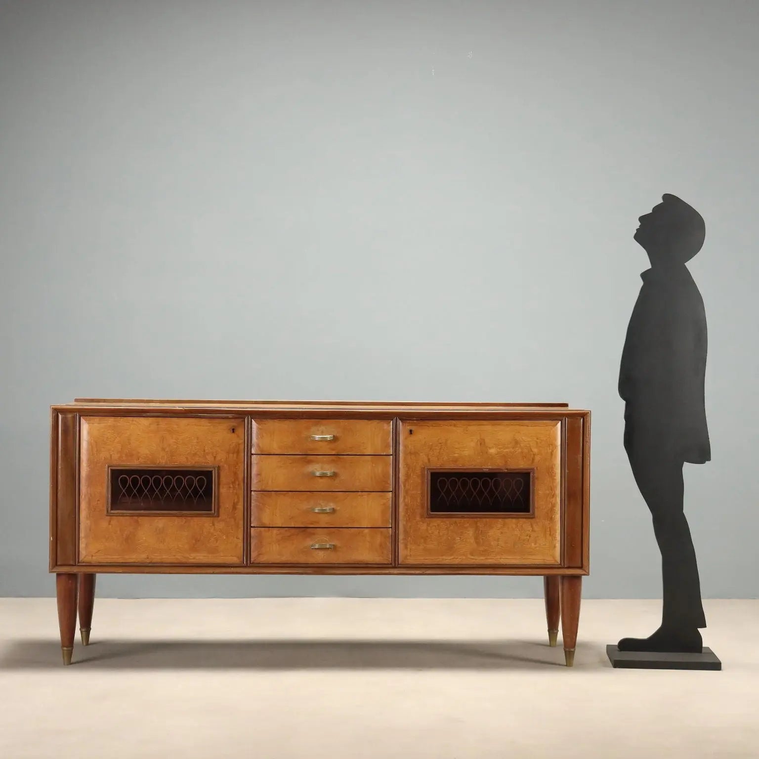 1950s Burl Wood and Pink Glass Sideboard