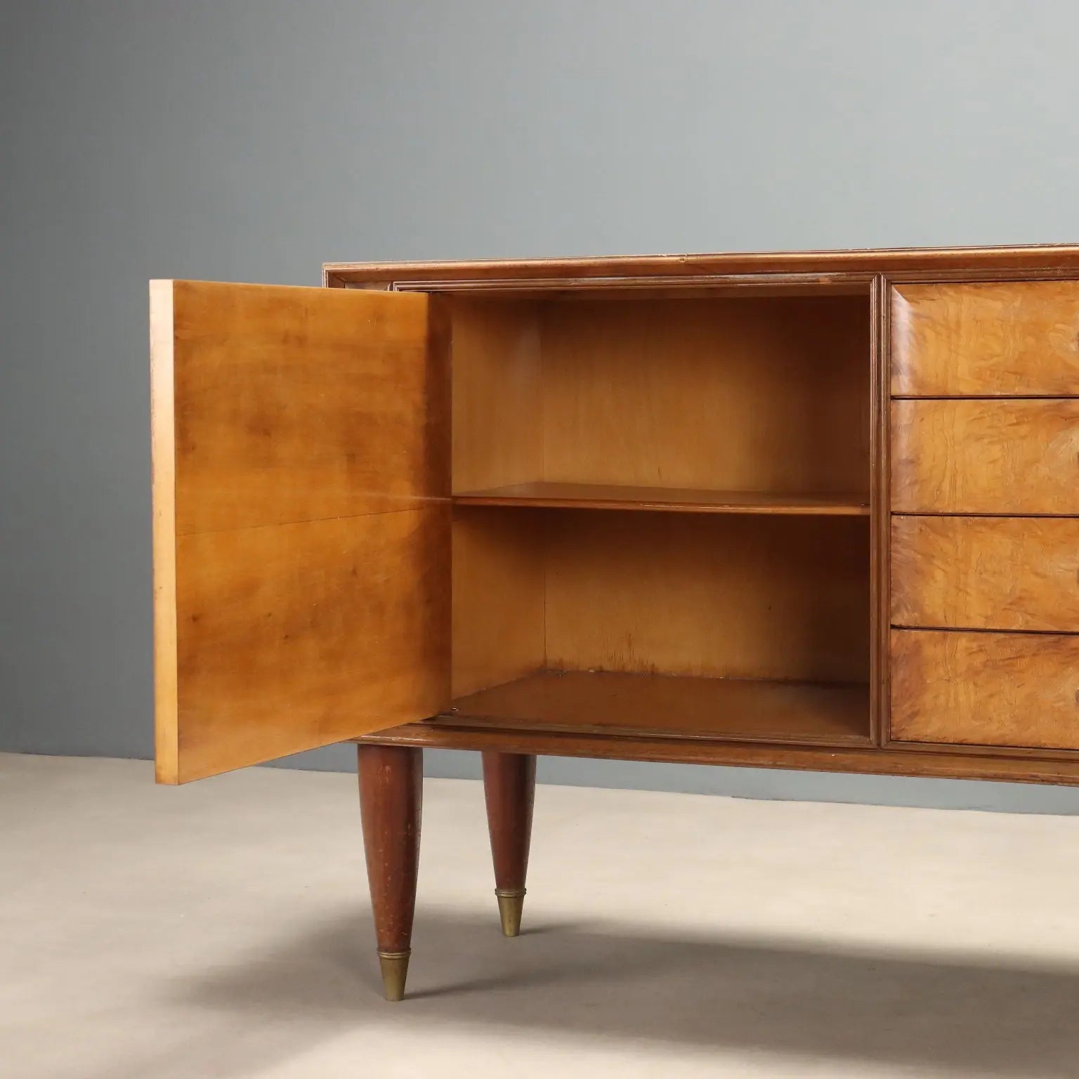 1950s Burl Wood and Pink Glass Sideboard