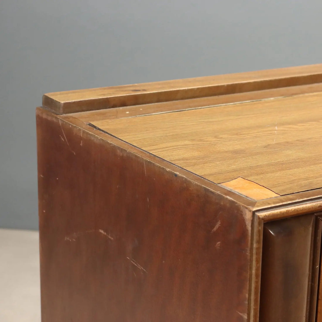 1950s Burl Wood and Pink Glass Sideboard
