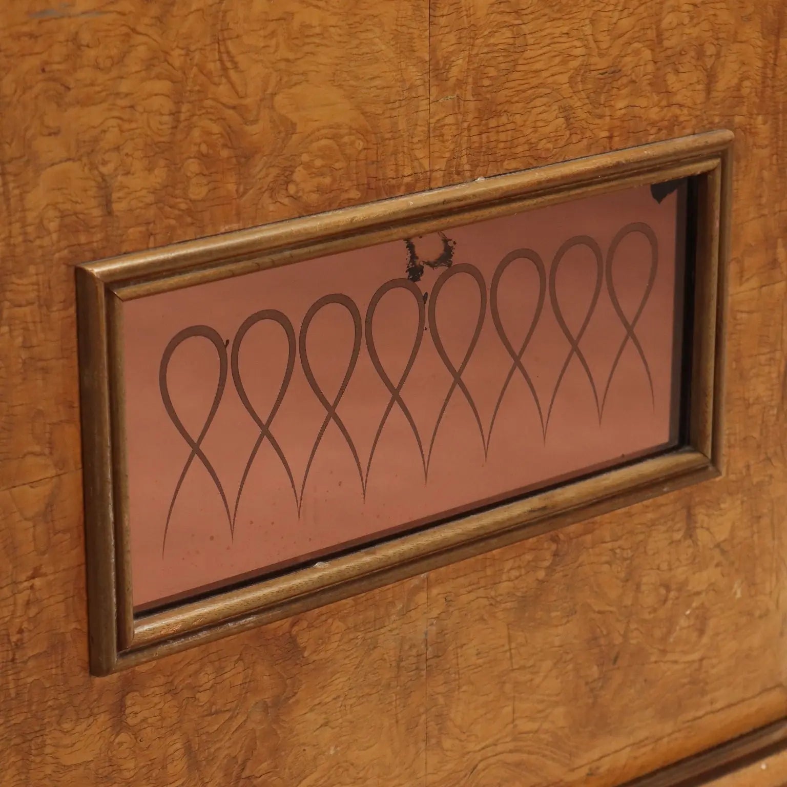 1950s Burl Wood and Pink Glass Sideboard