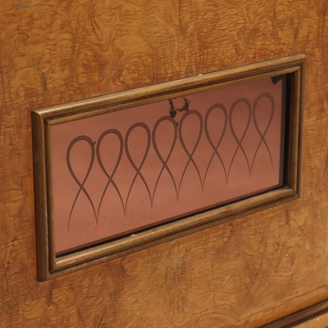 1950s Burl Wood and Pink Glass Sideboard