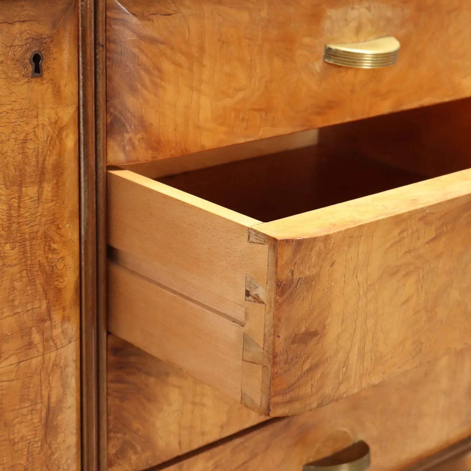 1950s Burl Wood and Pink Glass Sideboard