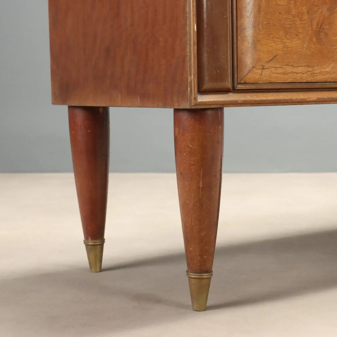 1950s Burl Wood and Pink Glass Sideboard