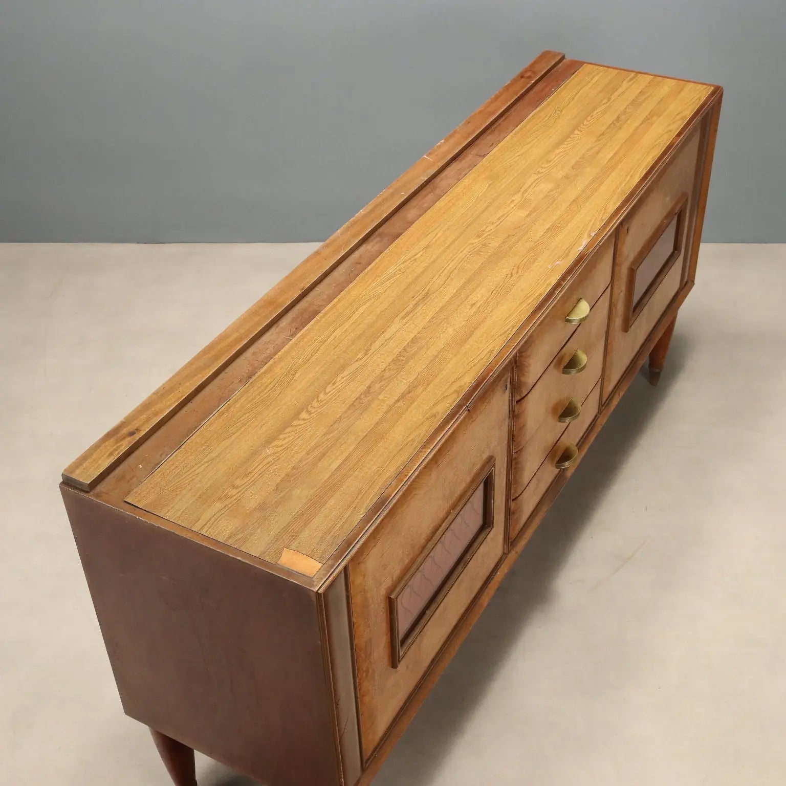 1950s Burl Wood and Pink Glass Sideboard