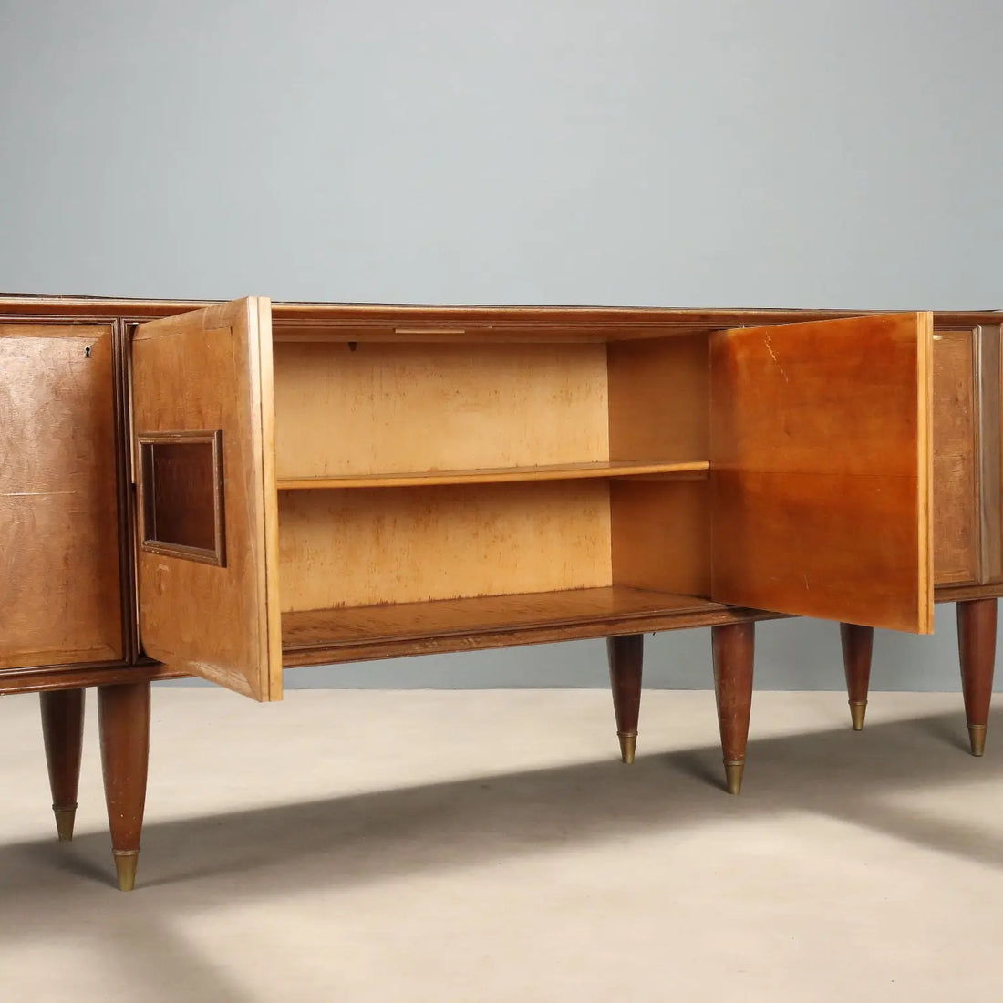 Vintage Buffet Cabinet Burl Decorated Glass Design Italy 1950s