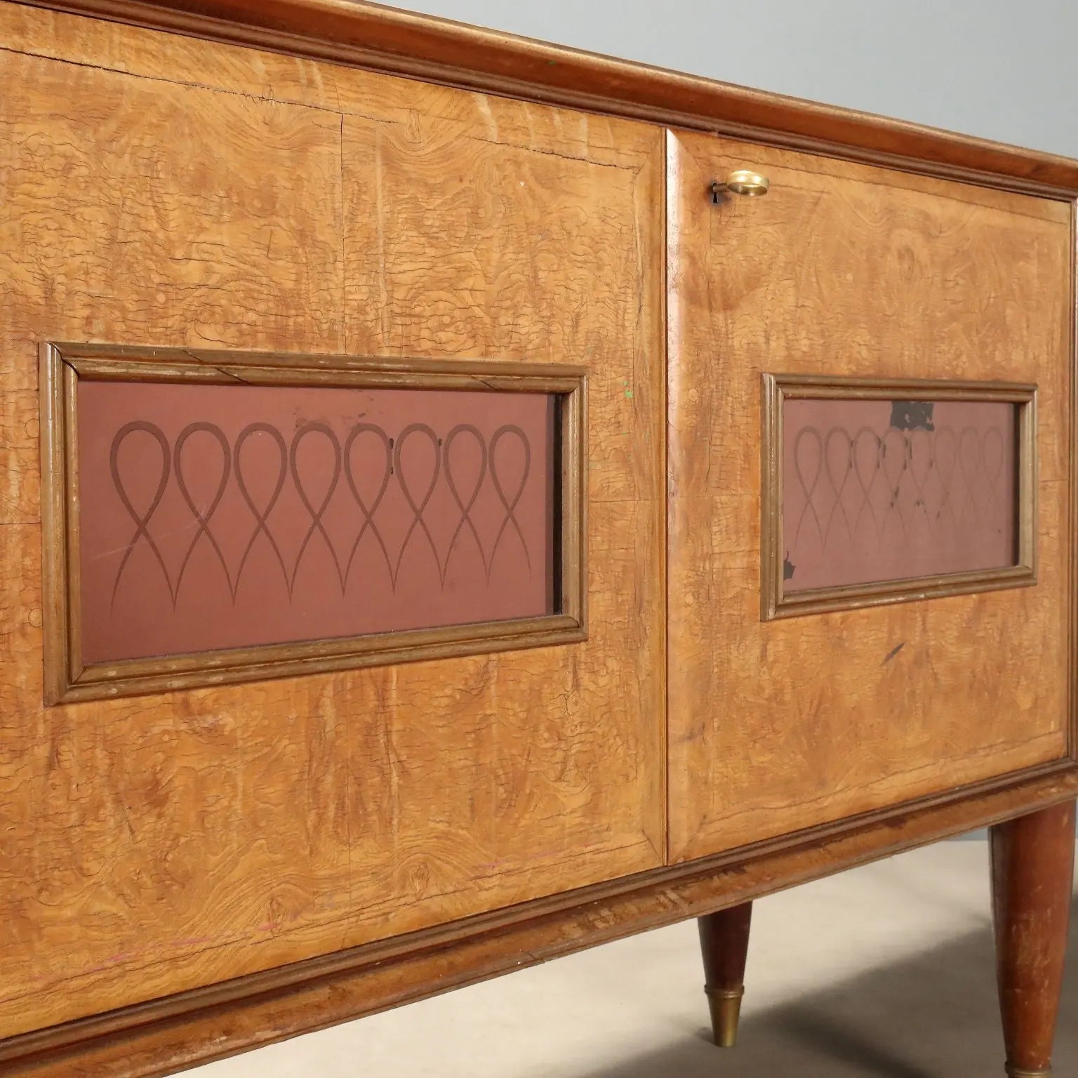 Vintage Buffet Cabinet Burl Decorated Glass Design Italy 1950s