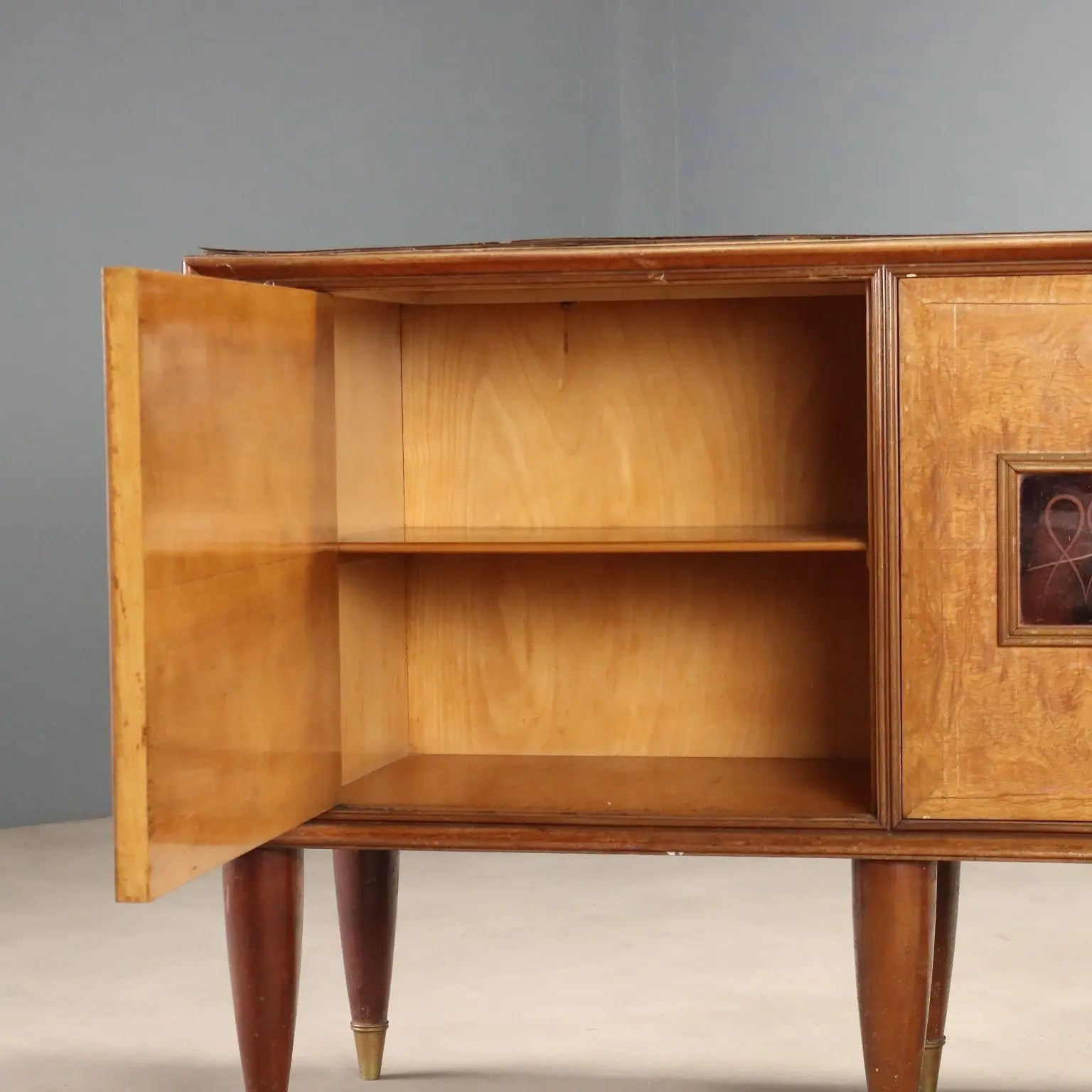 Vintage Buffet Cabinet Burl Decorated Glass Design Italy 1950s