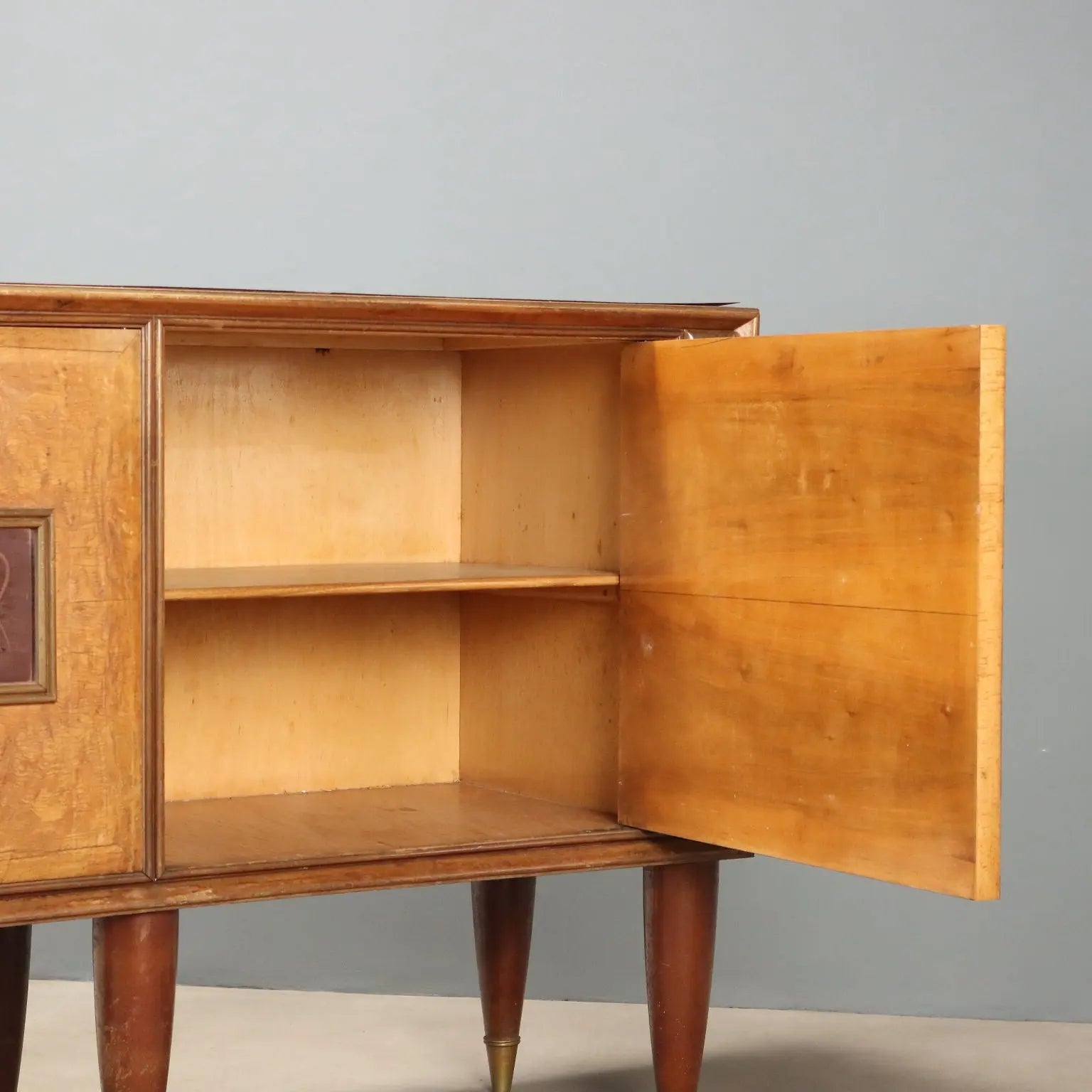 Vintage Buffet Cabinet Burl Decorated Glass Design Italy 1950s