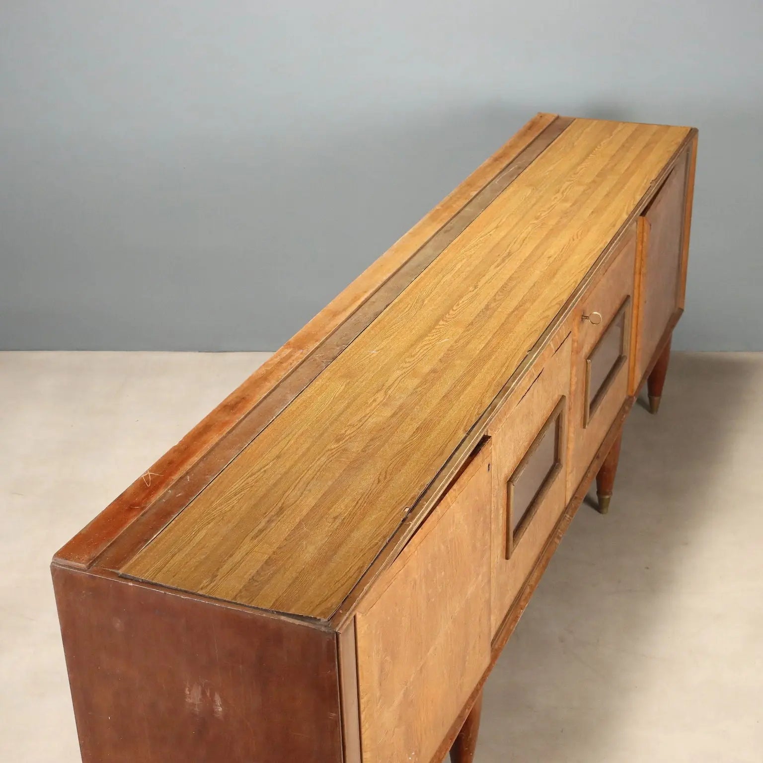 Vintage Buffet Cabinet Burl Decorated Glass Design Italy 1950s