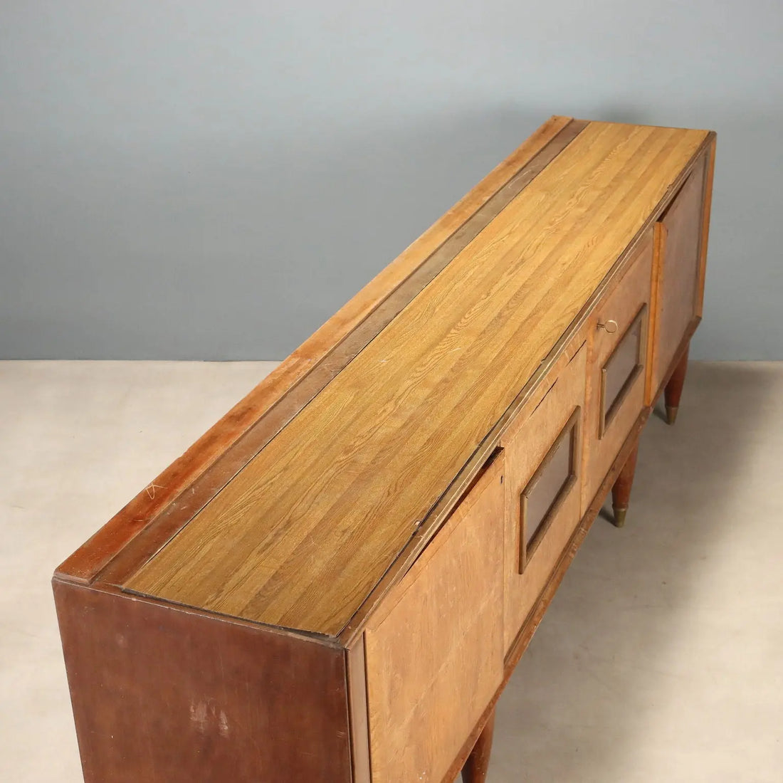 Vintage Buffet Cabinet Burl Decorated Glass Design Italy 1950s