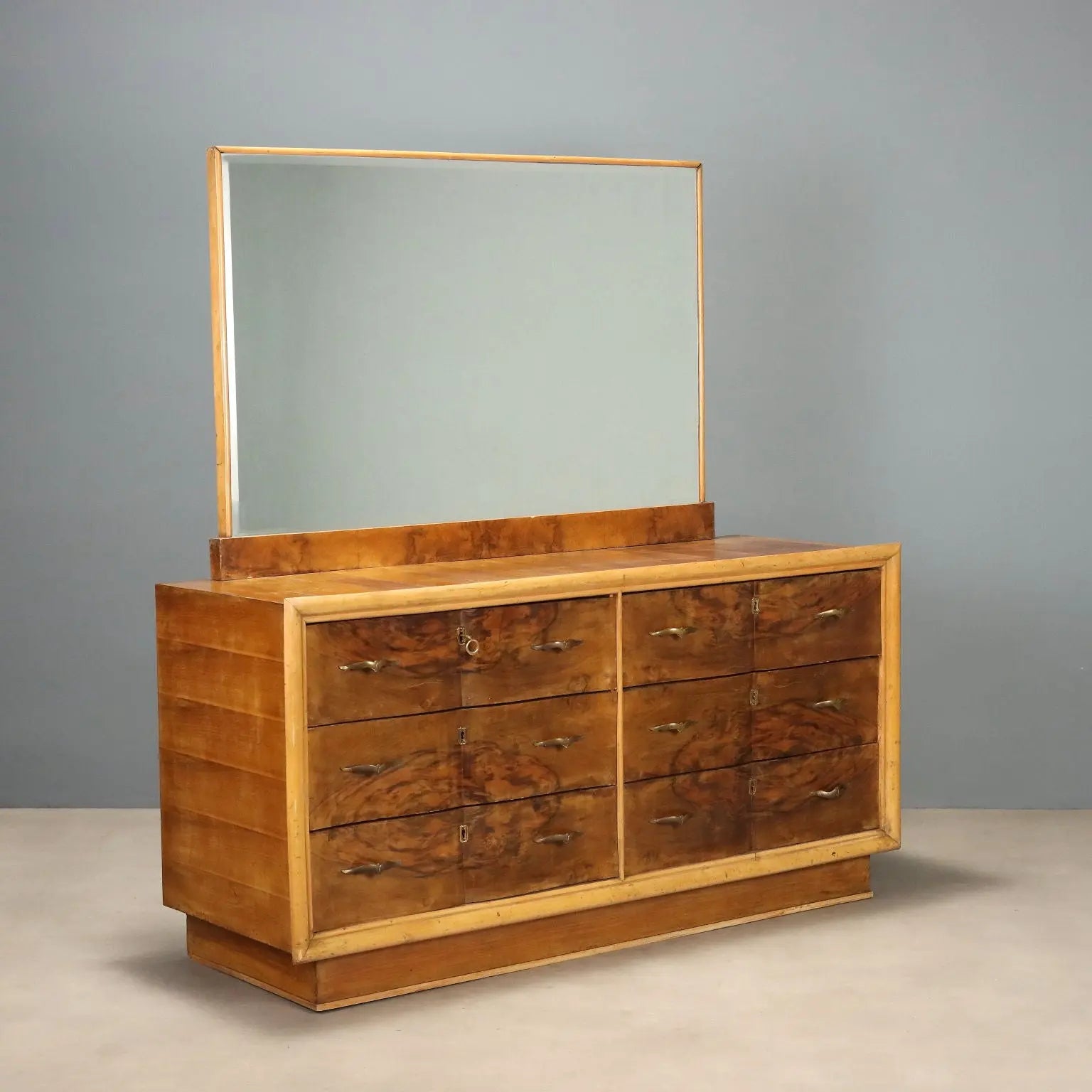 Vintage Chest of Drawers Burl Walnut Brass Design Italy 1940s