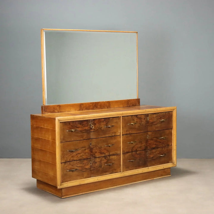 Vintage Chest of Drawers Burl Walnut Brass Design Italy 1940s