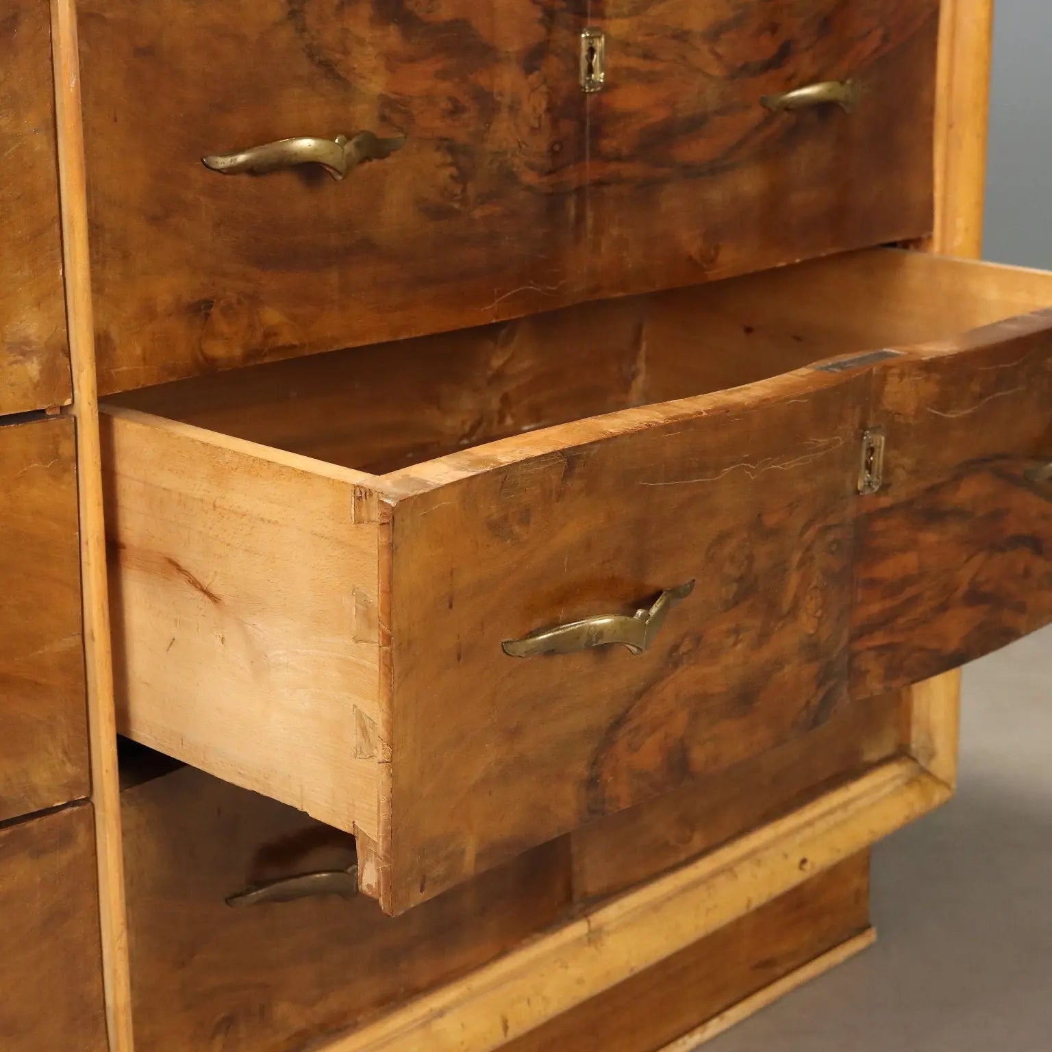 Vintage Chest of Drawers Burl Walnut Brass Design Italy 1940s