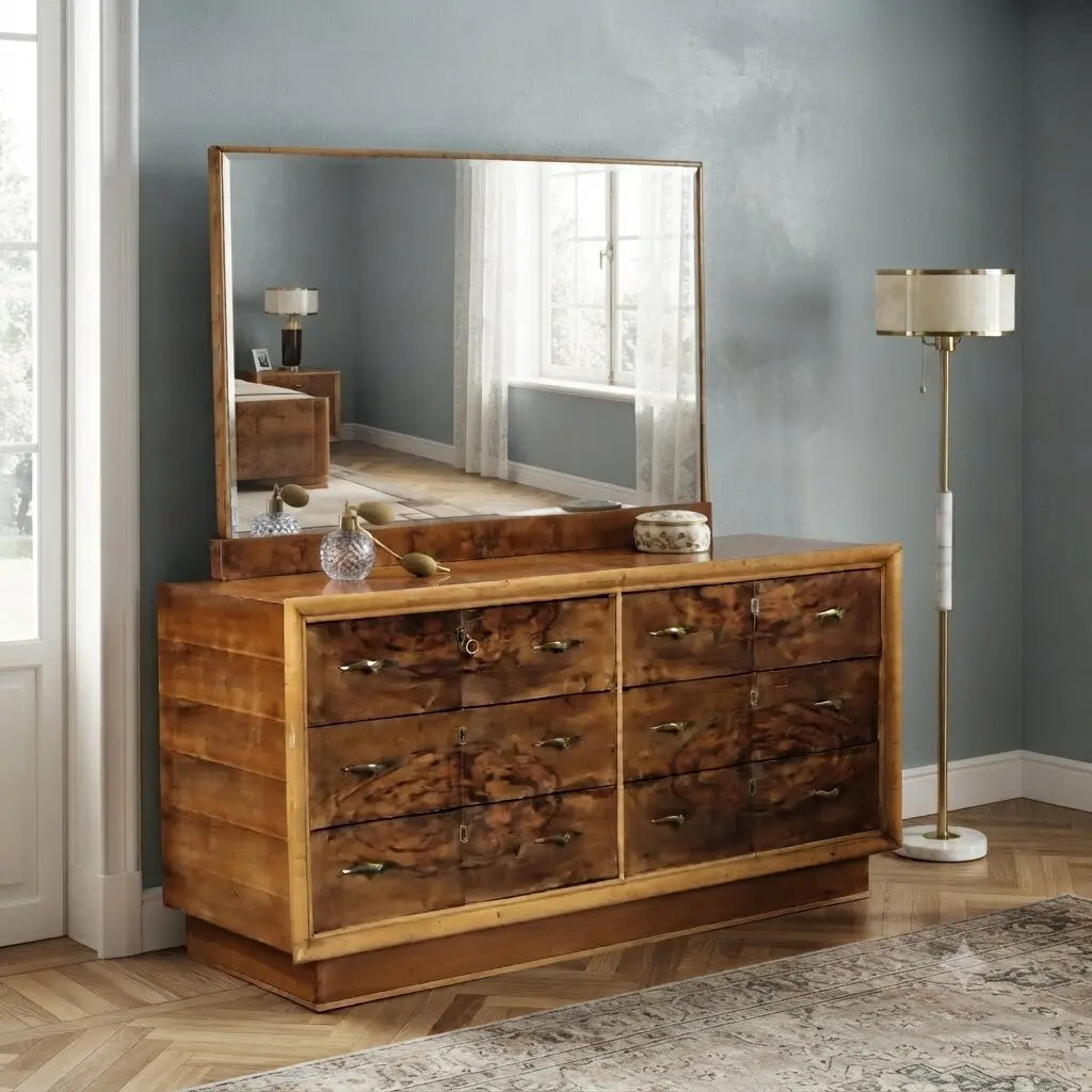Vintage Chest of Drawers Burl Walnut Brass Design Italy 1940s