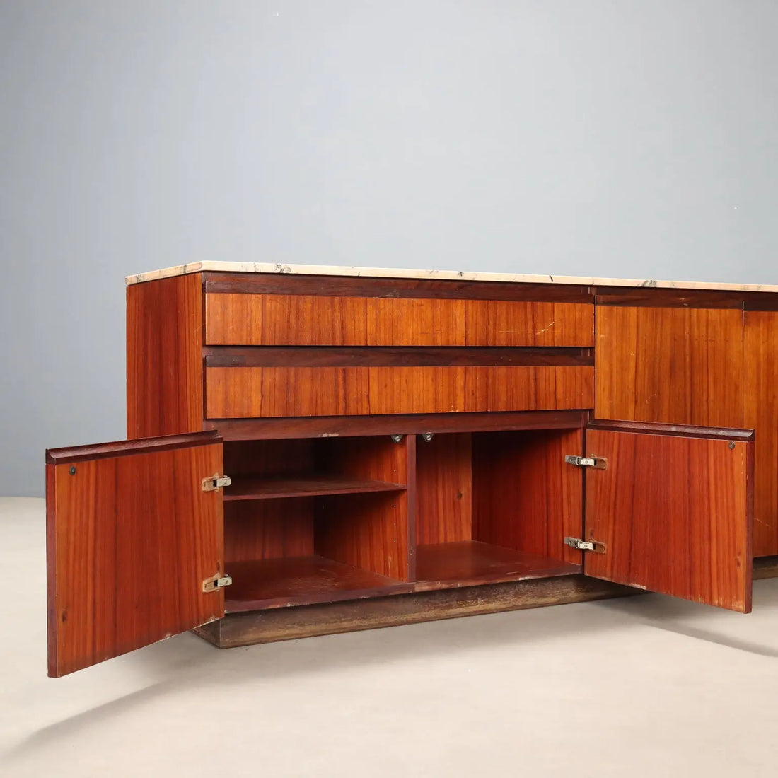 Vintage Cupboard Exotic Wood Marble Design Italy 1960s