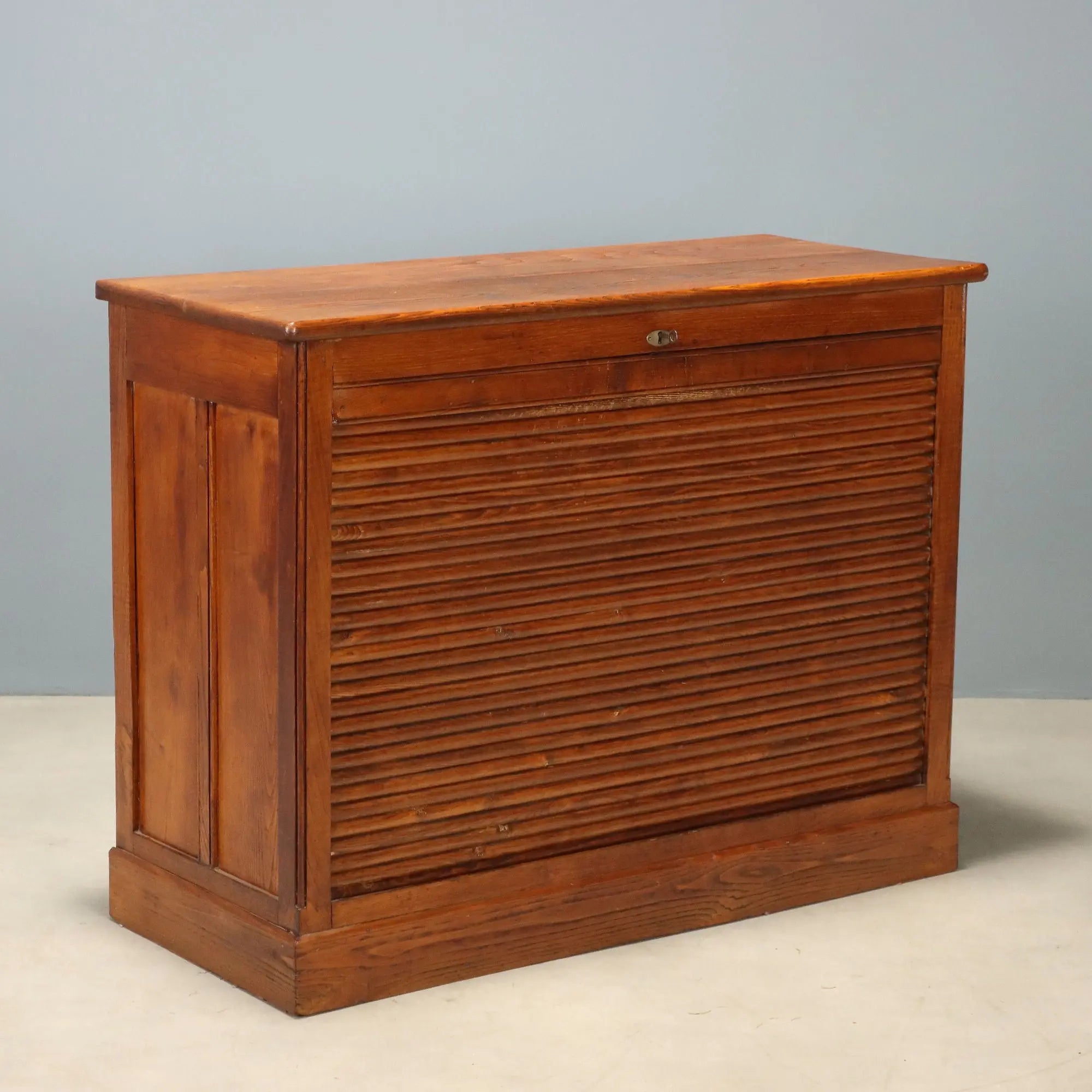 Vintage Cabinet Oak Wood with Tambour Door Italy 1950s-1960s