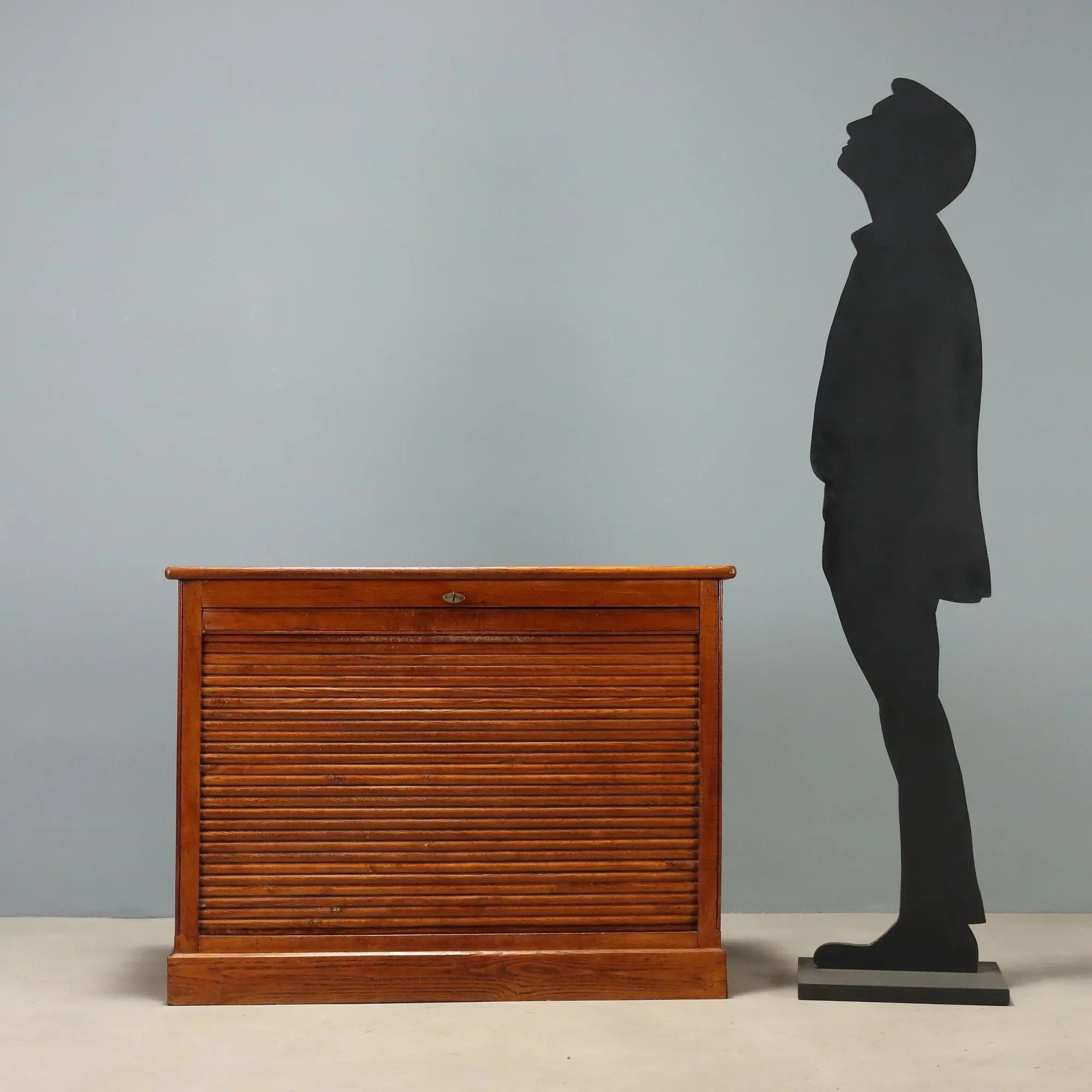 Vintage Cabinet Oak Wood with Tambour Door Italy 1950s-1960s