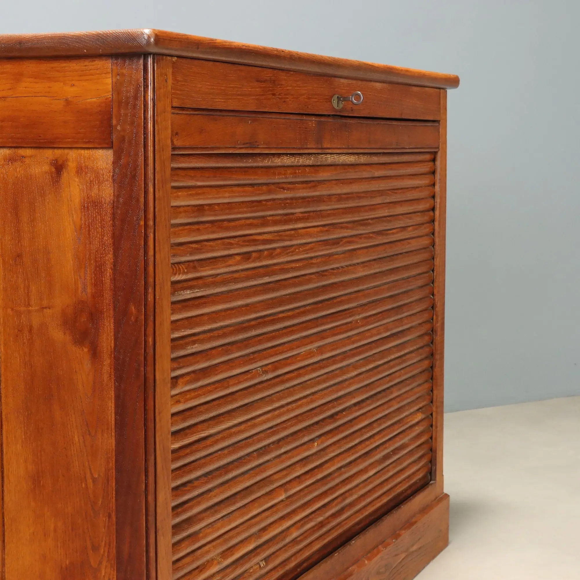 Vintage Cabinet Oak Wood with Tambour Door Italy 1950s-1960s
