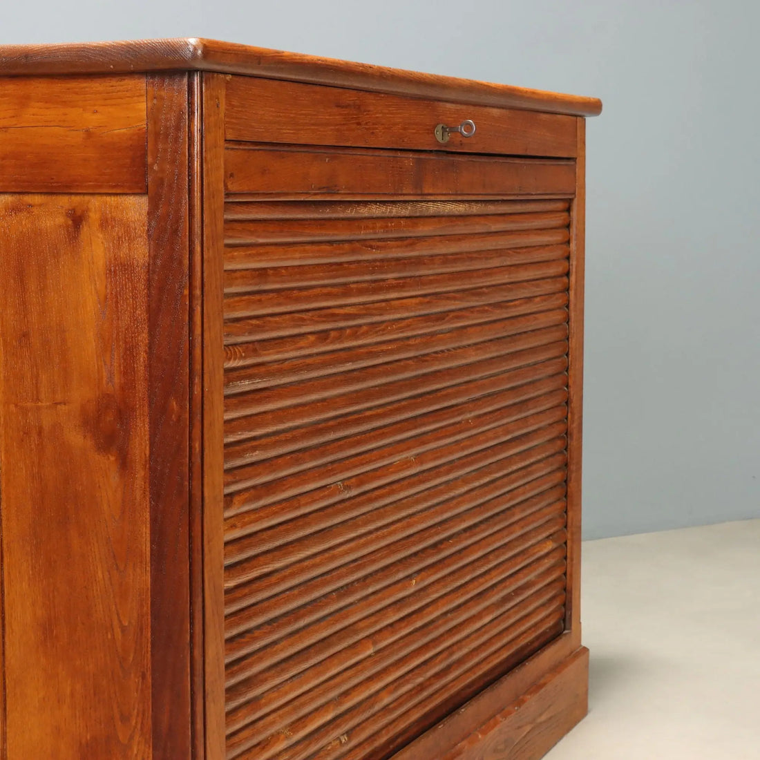 Vintage Cabinet Oak Wood with Tambour Door Italy 1950s-1960s