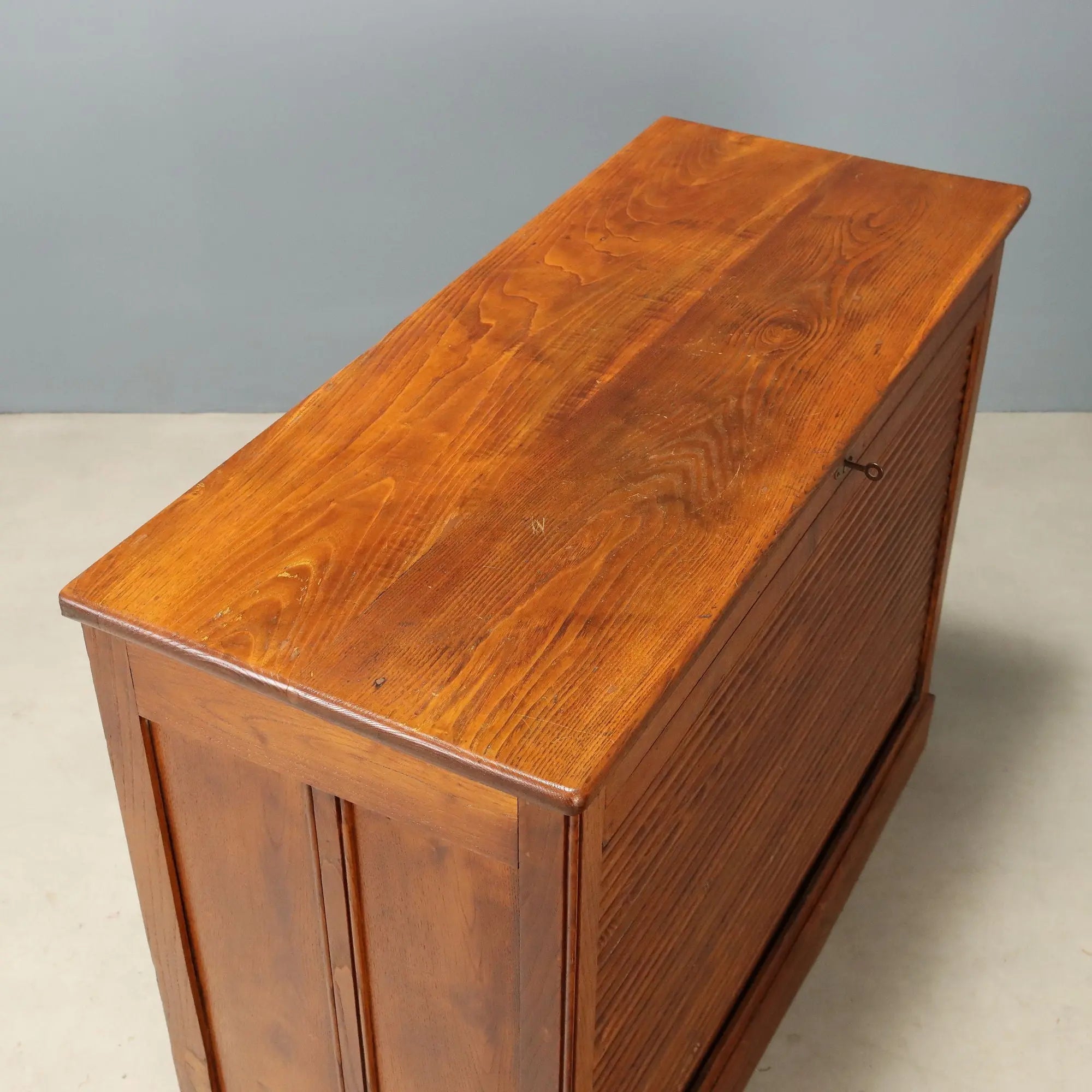Vintage Cabinet Oak Wood with Tambour Door Italy 1950s-1960s