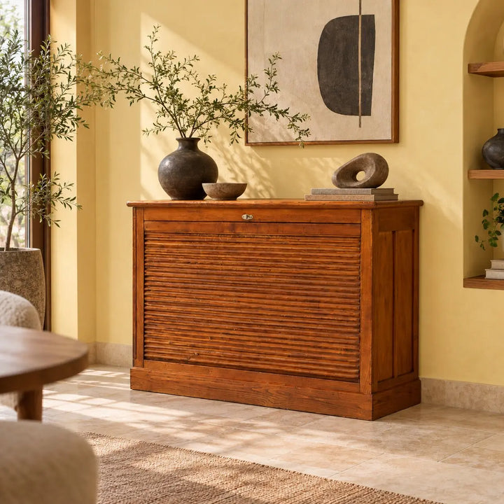 Vintage Cabinet Oak Wood with Tambour Door Italy 1950s-1960s