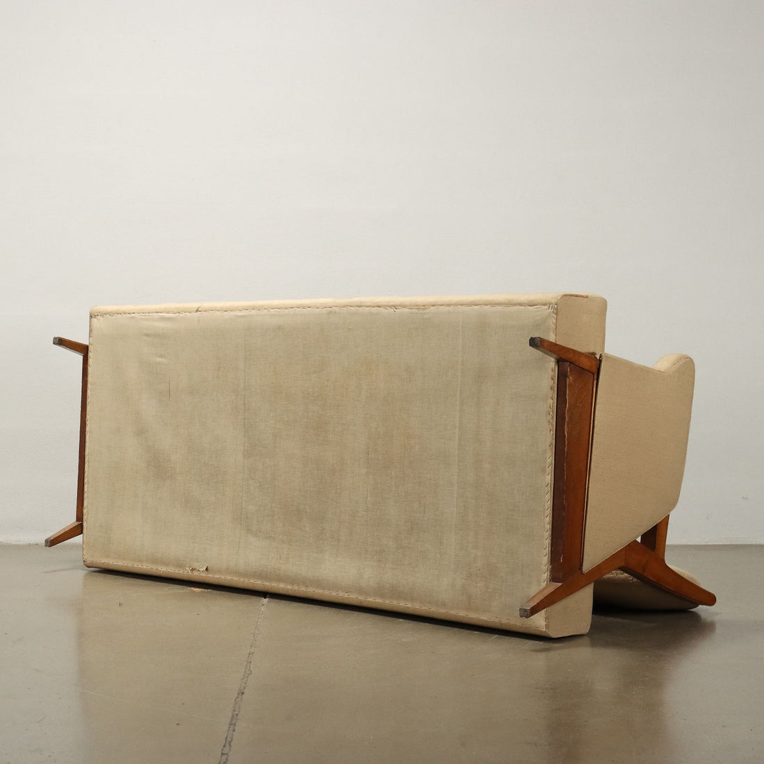 Vintage 3 Seater Sofa Wood Beige Cloth Italy 1950s-1960s | Modernism  Sofas