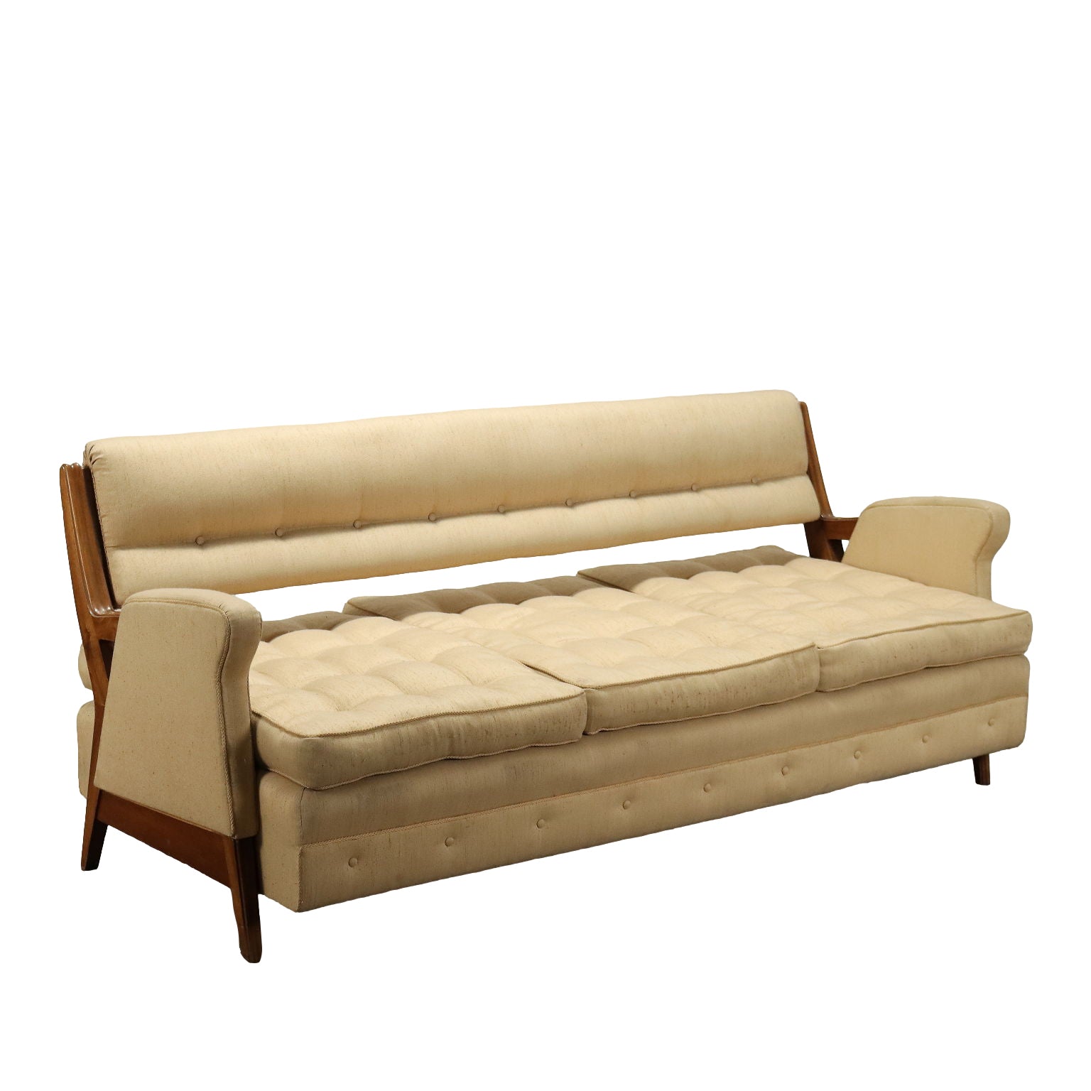 Vintage 3 Seater Sofa Wood Beige Cloth Italy 1950s-1960s | Modernism  Sofas