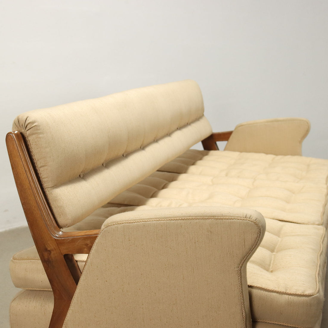 Vintage 3 Seater Sofa Wood Beige Cloth Italy 1950s-1960s | Modernism  Sofas