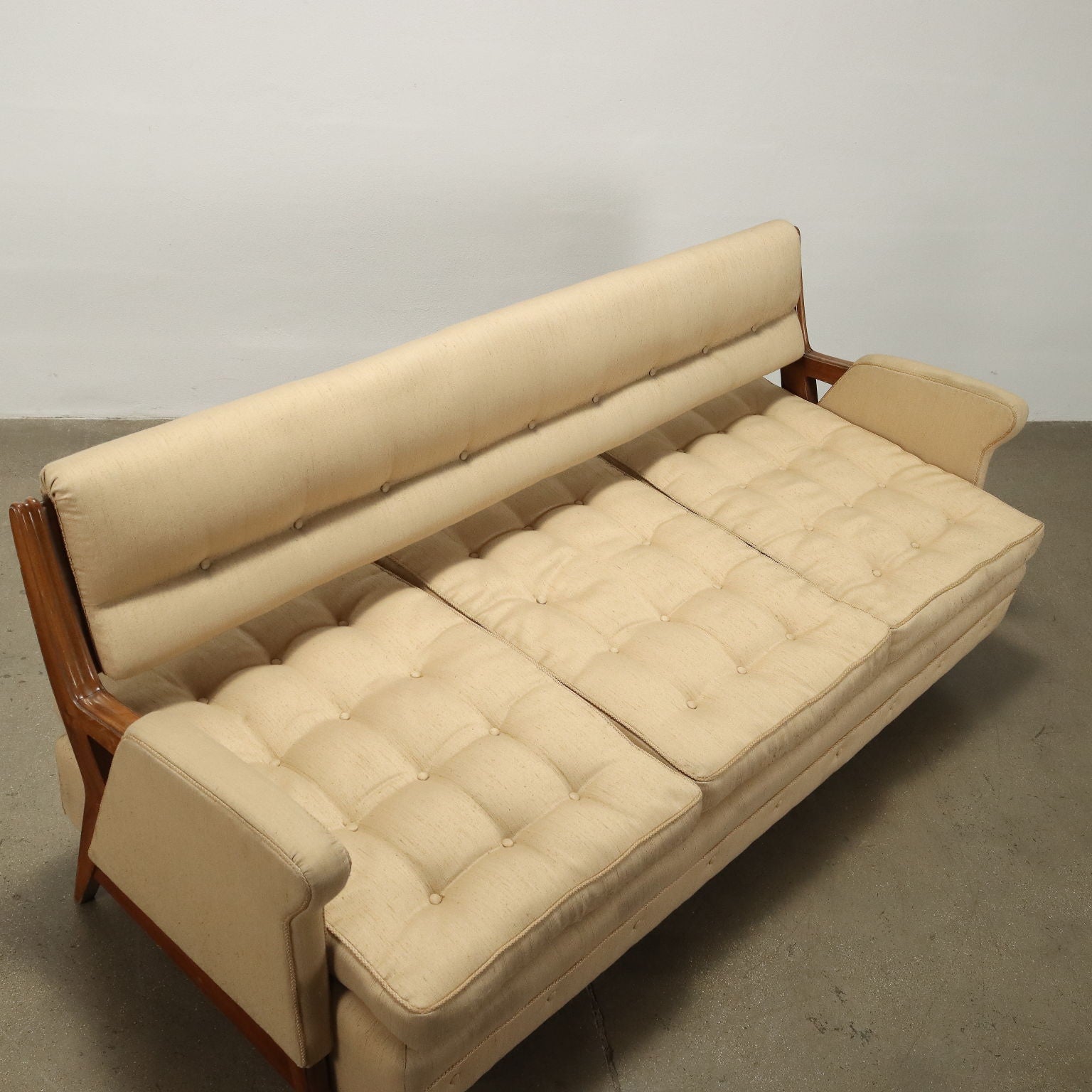 Vintage 3 Seater Sofa Wood Beige Cloth Italy 1950s-1960s | Modernism  Sofas